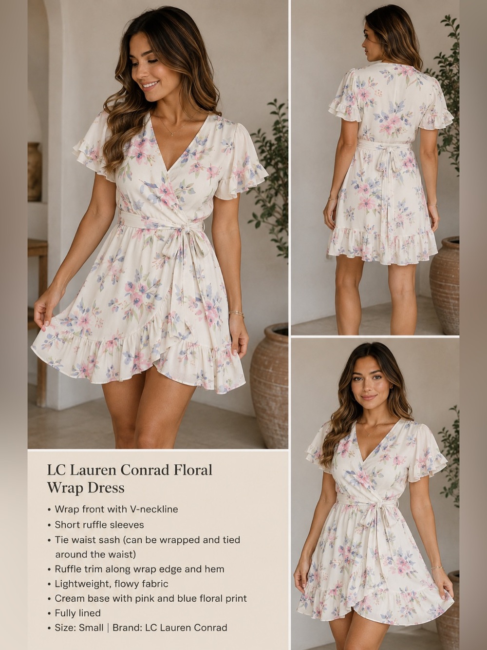 LC Lauren Conrad Floral Wrap Dress Cream Pink Blue Ruffle Hem Size Small